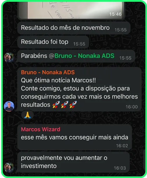 Print de resultado enviado por cliente da Nonaka ADS